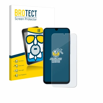 Parte frontal de un envase de producto con el logotipo de la marca BROTECT. Al lado se muestra el dispositivo Samsung Galaxy A