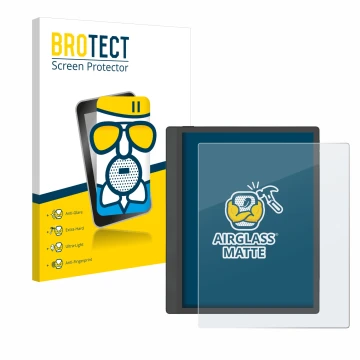 Parte frontal de un envase de producto con el logotipo de la marca BROTECT. Al lado se muestra el dispositivo Boox Tab Ultra C