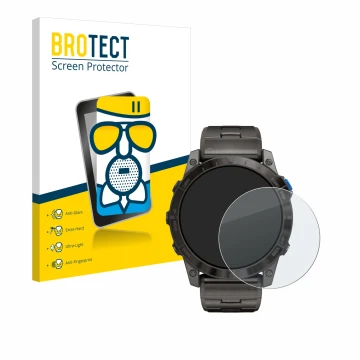 Parte frontal de un envase de producto con el logotipo de la marca BROTECT. Al lado se muestra el dispositivo Garmin D2 Mach1 