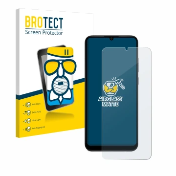 Parte frontal de un envase de producto con el logotipo de la marca BROTECT. Al lado se muestra el dispositivo Samsung Galaxy A