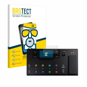 Parte frontal de un envase de producto con el logotipo de la marca BROTECT. Al lado se muestra el dispositivo Line 6 Helix LT 