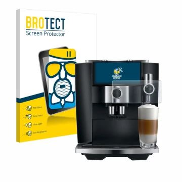 Parte frontal de un envase de producto con el logotipo de la marca BROTECT. Al lado se muestra el dispositivo Jura J8 twin con