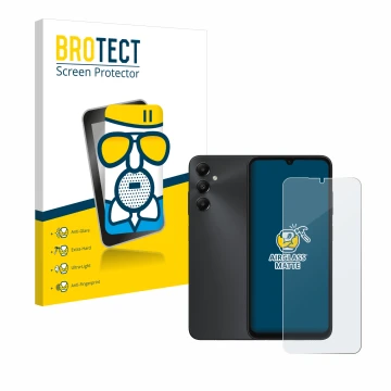 Parte frontal de un envase de producto con el logotipo de la marca BROTECT. Al lado se muestra el dispositivo Samsung Galaxy A