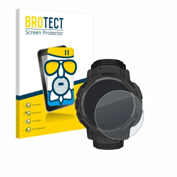 Parte frontal de un envase de producto con el logotipo de la marca BROTECT. Al lado se muestra el dispositivo Garmin Instinct 