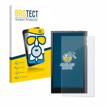 Parte frontal de un envase de producto con el logotipo de la marca BROTECT. Al lado se muestra el dispositivo Astell&Kern Kann