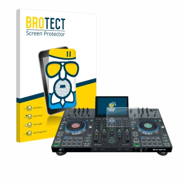 Parte frontal de un envase de producto con el logotipo de la marca BROTECT. Al lado se muestra el dispositivo Denon DJ Prime 4