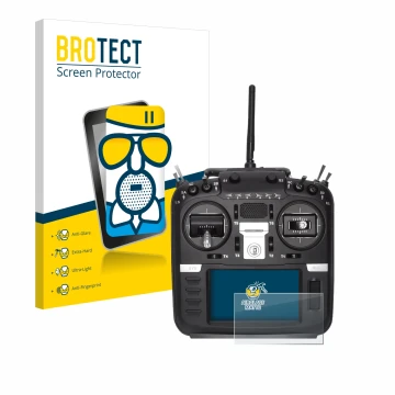 Parte frontal de un envase de producto con el logotipo de la marca BROTECT. Al lado se muestra el dispositivo Radiomaster TX16