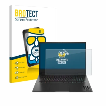 Parte frontal de un envase de producto con el logotipo de la marca BROTECT. Al lado se muestra el dispositivo HP Omen 16 2024 