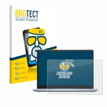 Parte frontal de un envase de producto con el logotipo de la marca BROTECT. Al lado se muestra el dispositivo Dell Inspiron 14