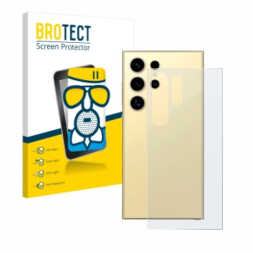 Parte frontal de un envase de producto con el logotipo de la marca BROTECT. Al lado se muestra el dispositivo Samsung Galaxy S