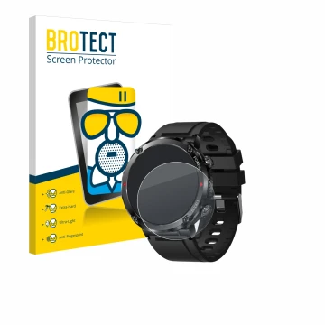 Parte frontal de un envase de producto con el logotipo de la marca BROTECT. Al lado se muestra el dispositivo LIGE Smartwatch 