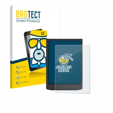 Parte frontal de un envase de producto con el logotipo de la marca BROTECT. Al lado se muestra el dispositivo Vivlio InkPad 4 