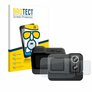 Parte frontal de un envase de producto con el logotipo de la marca BROTECT. Al lado se muestra el dispositivo SJCAM SJ20 Dual 