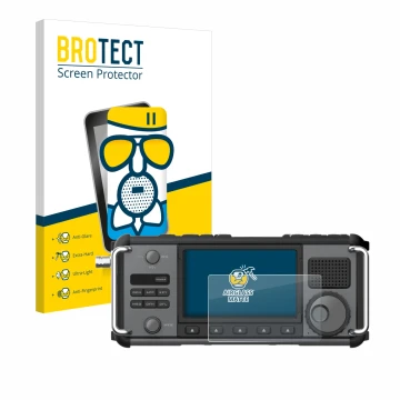 Parte frontal de un envase de producto con el logotipo de la marca BROTECT. Al lado se muestra el dispositivo Xiegu X6200 con 