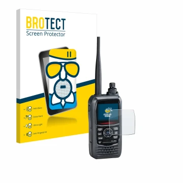 Parte frontal de un envase de producto con el logotipo de la marca BROTECT. Al lado se muestra el dispositivo Icom IC-R15 con 