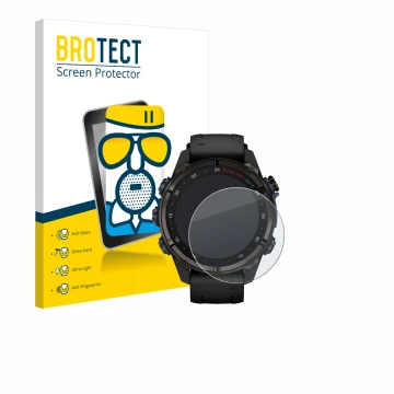 Parte frontal de un envase de producto con el logotipo de la marca BROTECT. Al lado se muestra el dispositivo Garmin Descent M
