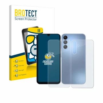 Parte frontal de un envase de producto con el logotipo de la marca BROTECT. Al lado se muestra el dispositivo Samsung Galaxy A
