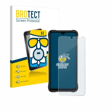 Parte frontal de un envase de producto con el logotipo de la marca BROTECT. Al lado se muestra el dispositivo Umidigi Bison X2