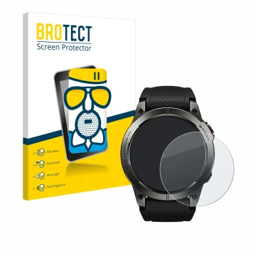 Parte frontal de un envase de producto con el logotipo de la marca BROTECT. Al lado se muestra el dispositivo Zeblaze Stratos 