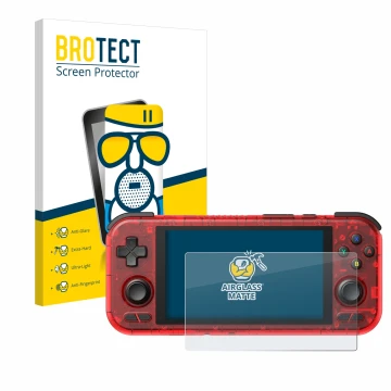 Parte frontal de un envase de producto con el logotipo de la marca BROTECT. Al lado se muestra el dispositivo Retroid Pocket 4