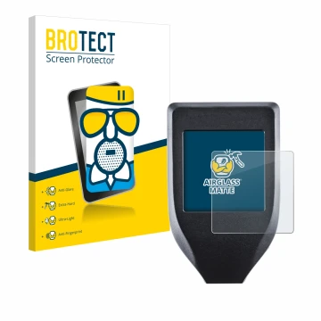 Parte frontal de un envase de producto con el logotipo de la marca BROTECT. Al lado se muestra el dispositivo Trezor Model T c