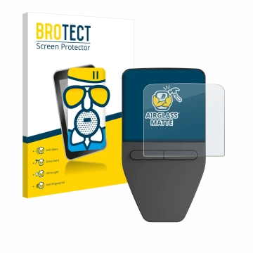 Parte frontal de un envase de producto con el logotipo de la marca BROTECT. Al lado se muestra el dispositivo Trezor Safe 3 co