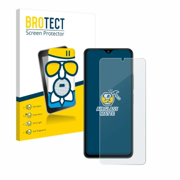 Parte frontal de un envase de producto con el logotipo de la marca BROTECT. Al lado se muestra el dispositivo Xiaomi Redmi A3 