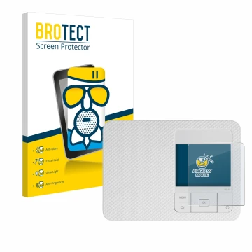 Parte frontal de un envase de producto con el logotipo de la marca BROTECT. Al lado se muestra el dispositivo Canon Selphy CP1