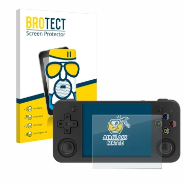 Parte frontal de un envase de producto con el logotipo de la marca BROTECT. Al lado se muestra el dispositivo Anbernic RG35XX 
