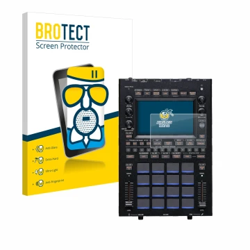 Parte frontal de un envase de producto con el logotipo de la marca BROTECT. Al lado se muestra el dispositivo KORG KAOSS Repla