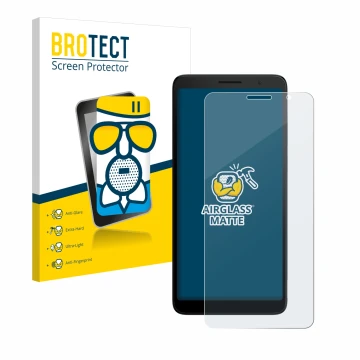 Parte frontal de un envase de producto con el logotipo de la marca BROTECT. Al lado se muestra el dispositivo TCL 501 con su p