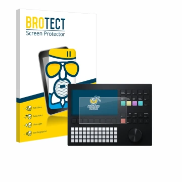 Parte frontal de un envase de producto con el logotipo de la marca BROTECT. Al lado se muestra el dispositivo Polyend Tracker 