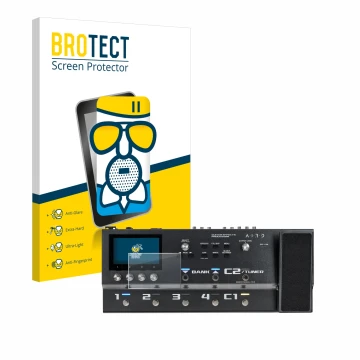 Parte frontal de un envase de producto con el logotipo de la marca BROTECT. Al lado se muestra el dispositivo Boss GX-100 con 