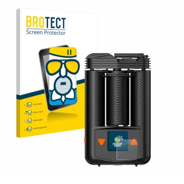 Parte frontal de un envase de producto con el logotipo de la marca BROTECT. Al lado se muestra el dispositivo Storz & Bickel M