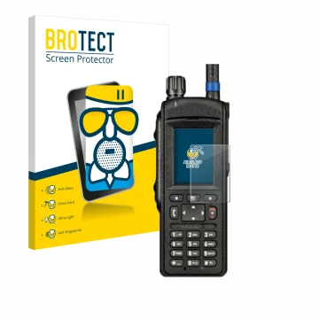 Parte frontal de un envase de producto con el logotipo de la marca BROTECT. Al lado se muestra el dispositivo Motorola MTP6650