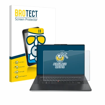 Parte frontal de un envase de producto con el logotipo de la marca BROTECT. Al lado se muestra el dispositivo Lenovo ThinkPad 
