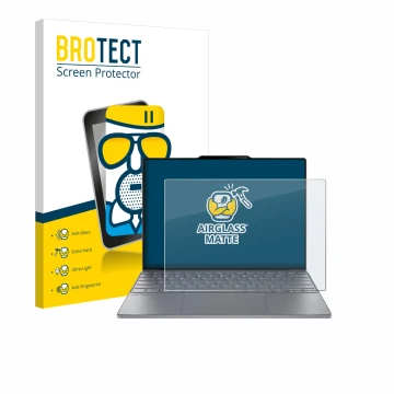 Parte frontal de un envase de producto con el logotipo de la marca BROTECT. Al lado se muestra el dispositivo Lenovo ThinkBook