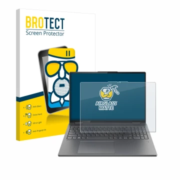 Parte frontal de un envase de producto con el logotipo de la marca BROTECT. Al lado se muestra el dispositivo Lenovo Yoga 7i 2