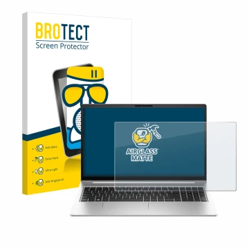 Parte frontal de un envase de producto con el logotipo de la marca BROTECT. Al lado se muestra el dispositivo HP EliteBook 640