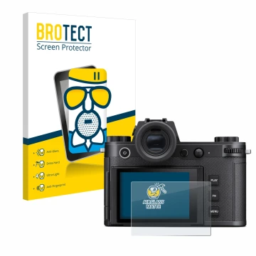 Parte frontal de un envase de producto con el logotipo de la marca BROTECT. Al lado se muestra el dispositivo Leica SL3 con su