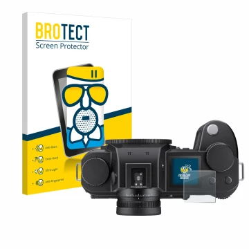 Parte frontal de un envase de producto con el logotipo de la marca BROTECT. Al lado se muestra el dispositivo Leica SL3 (panta