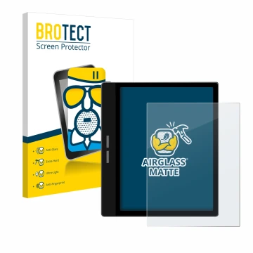 Parte frontal de un envase de producto con el logotipo de la marca BROTECT. Al lado se muestra el dispositivo Bigme B751C con 