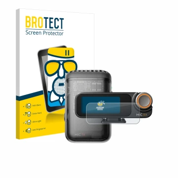 Parte frontal de un envase de producto con el logotipo de la marca BROTECT. Al lado se muestra el dispositivo DJI Mic 2 (Recei