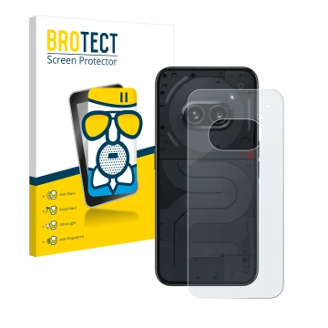 Parte frontal de un envase de producto con el logotipo de la marca BROTECT. Al lado se muestra el dispositivo Nothing Phone (2