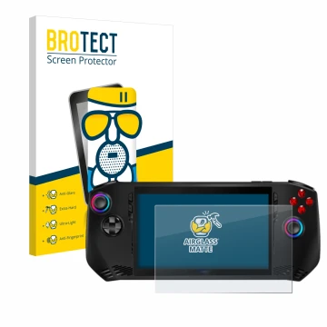 Parte frontal de un envase de producto con el logotipo de la marca BROTECT. Al lado se muestra el dispositivo MSI Claw A1M con