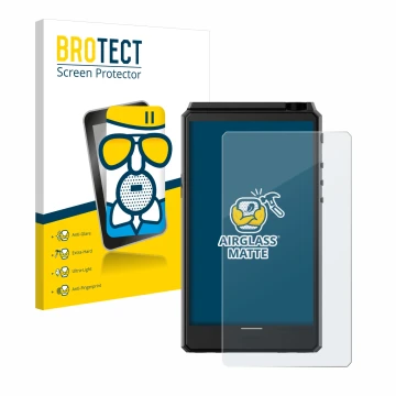 Parte frontal de un envase de producto con el logotipo de la marca BROTECT. Al lado se muestra el dispositivo Hiby R6 III con 
