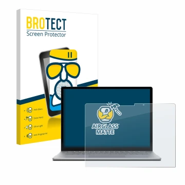 Parte frontal de un envase de producto con el logotipo de la marca BROTECT. Al lado se muestra el dispositivo Microsoft Surfac