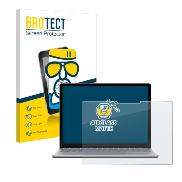 Parte frontal de un envase de producto con el logotipo de la marca BROTECT. Al lado se muestra el dispositivo Microsoft Surfac