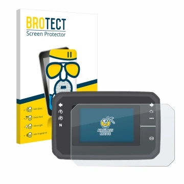 Parte frontal de un envase de producto con el logotipo de la marca BROTECT. Al lado se muestra el dispositivo Honda CB650R TFT