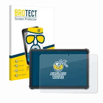 Parte frontal de un envase de producto con el logotipo de la marca BROTECT. Al lado se muestra el dispositivo Oukitel RT8 con 